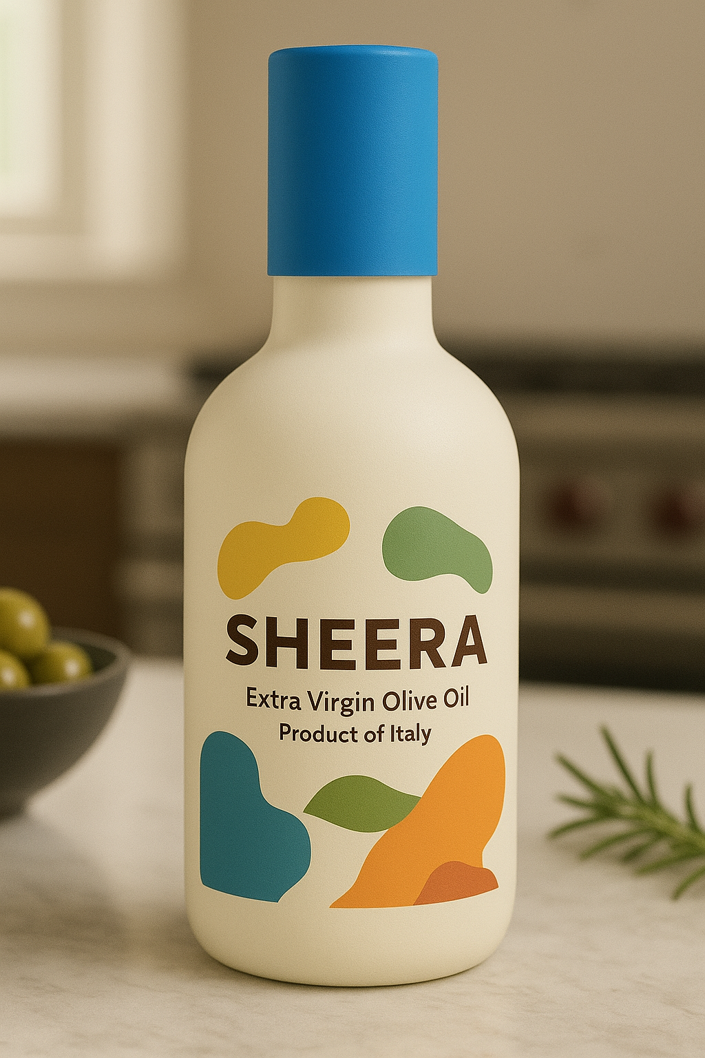A lifestyle photo featuring the SHEERA bottle next to a vibrant dish on a sunny patio.